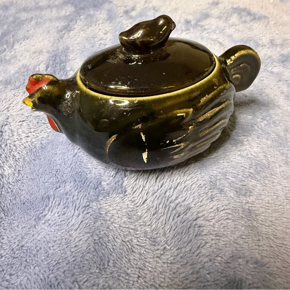 Vintage Black‎ Ceramic Hen Covered Dish with Red Accent